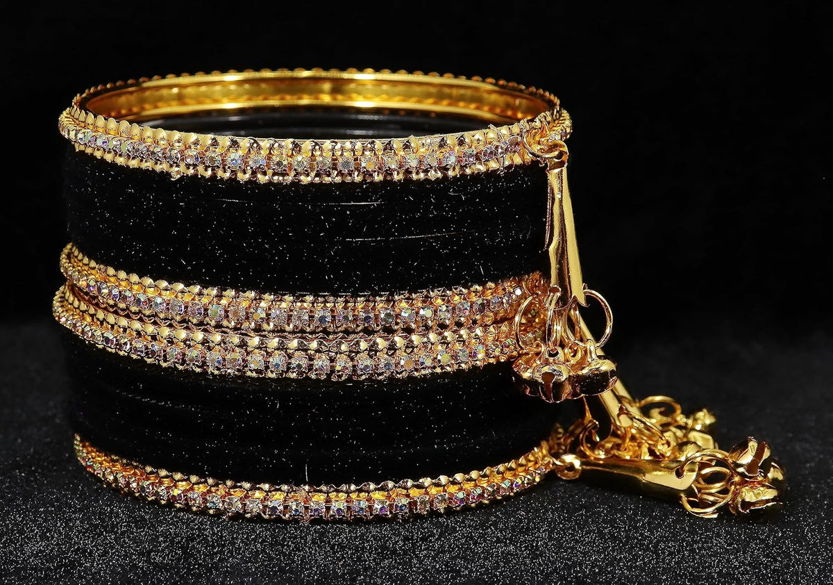 NMII Metal with Zircon Gemstone and Velvet Studded Bells Latkan Bangles Set For Girls and Women I Latkan Bangles, Premium Bangle Bracelet Set I Pack of 16 Bangles