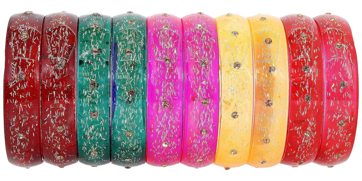 NMII Glass with Glitter and Feather Design Glossy Finished Multicolor Kada Set For Girls and Women- (Football-A21-MR2-2.4), Pack of 10 Multicolor Kada