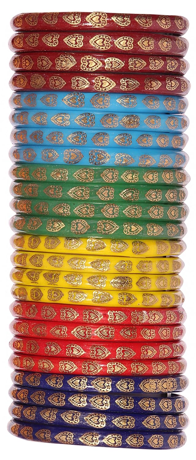 NMII Glass Beautiful Design With Gold Printed Heart Pattern and Gloosy Finished Kada Set For Women and Girls, (MultiColour_2.8 Inches), Pack Of 24 Kada Set