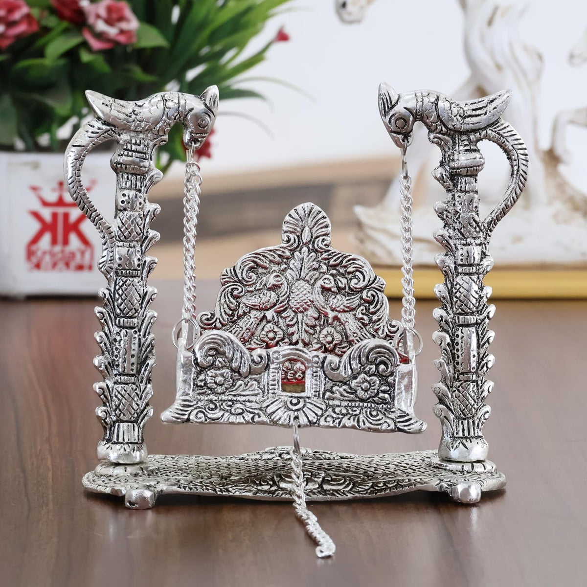 KridayKraft Metal Swing Laddu Gopal Jhula,Krishna Hindola Palana,Decorative Laddu Gopal for Temple Pooja,Showpiece Figurines,Religious Idol Gift Article.