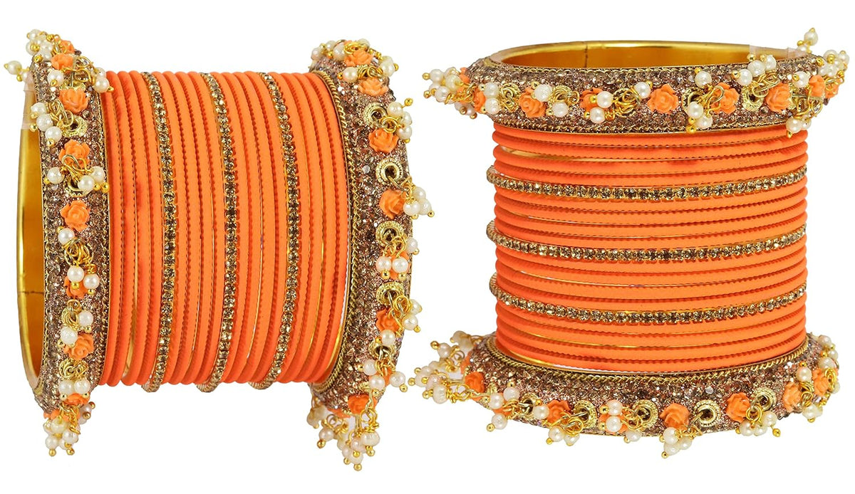 NMII Metal with Base Metal and Studded with Zircon Gemstone and Pearl linked Latkan Pattern Chuda set for Women/Girls