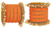 NMII Metal with Base Metal and Studded with Zircon Gemstone and Pearl linked Latkan Pattern Chuda set for Women/Girls