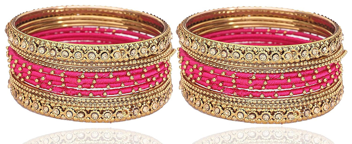 NMII Non-Precious Metal Base Metal With Silk Thread and Zircon Gemstone Studded Worked Or Linked Ball Chain Glossy Finished Bangles Set For Women and Girls