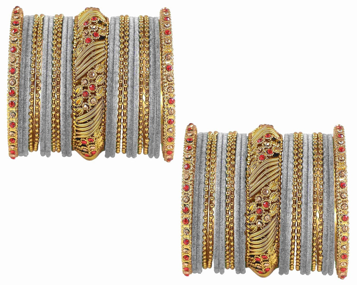 NMII Metal with Zircon Gemstone and Beads Studded Ball Chain Linked Glossy Finished Velvet Bangles Chuda set for Women and Girls