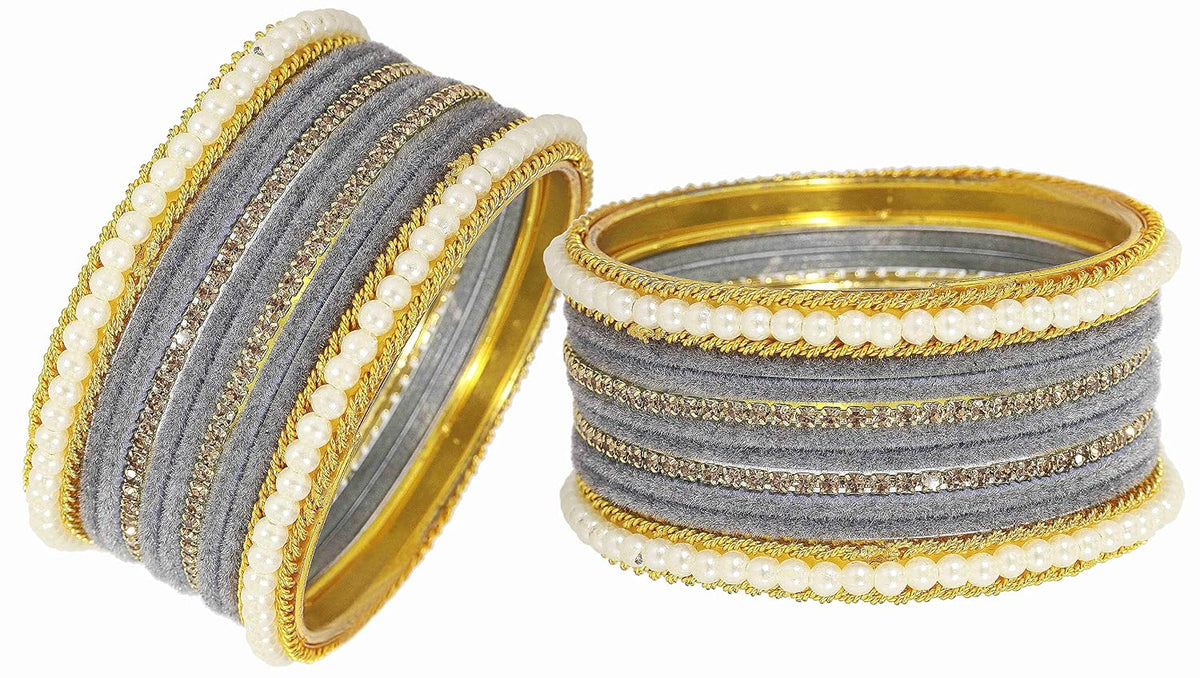 NMII Metal with Zircon Gemstone and Pearls Studded Velvet Bangle Set for Women and Girls