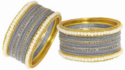 NMII Metal with Zircon Gemstone and Pearls Studded Velvet Bangle Set for Women and Girls