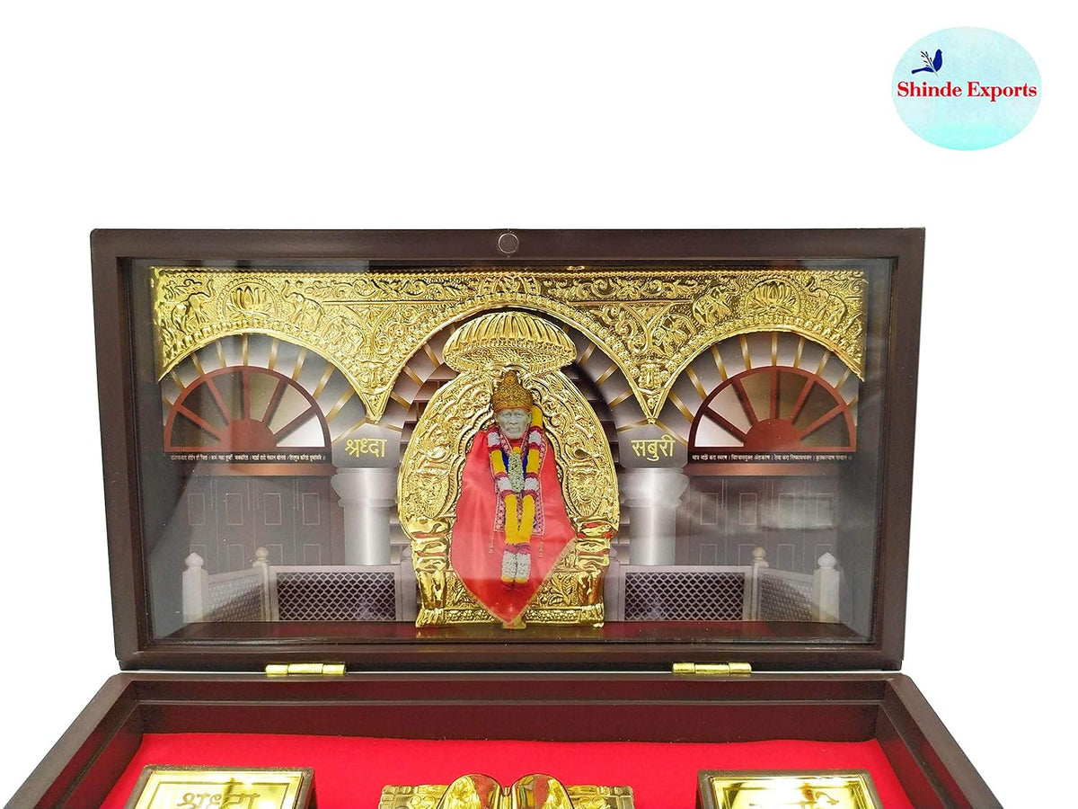 SHINDE EXPORTS Wooden Decorative Shirdi Sai Baba Photo Frame with Charan Paduka for God Pooja and Gift, Square, Tabletop, Wall Mount, 8.5x4.5 inch