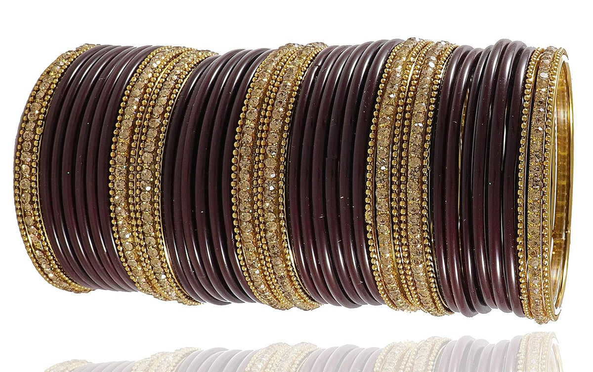 NMII Glass With Zircon Gemstone Studded Worked and Ball Chain Or Plane Gloosy Finished Bangles Set For Women and Girls