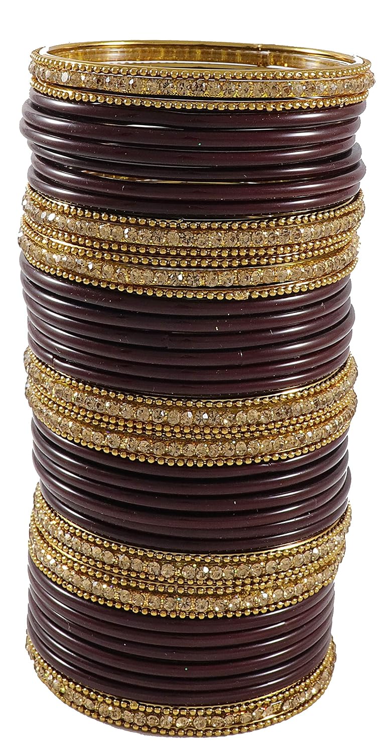 NMII Glass With Zircon Gemstone Studded Worked and Ball Chain Or Plane Gloosy Finished Bangles Set For Women and Girls