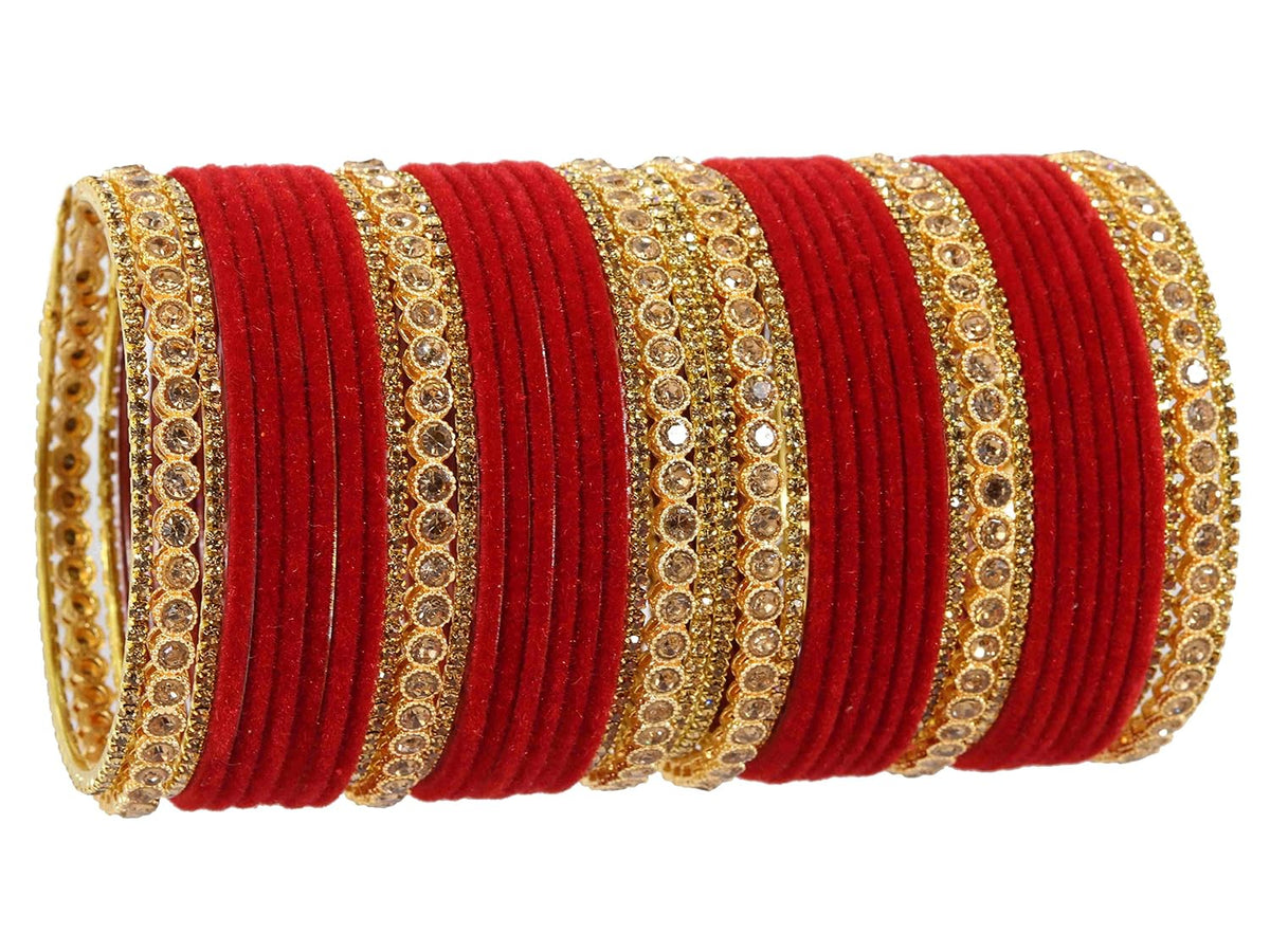 NMII Non-Precious Metal with Base Metal Zircon Gemstone Studded Glossy Finished Traditional Velvet Bangle set for Women and Girls