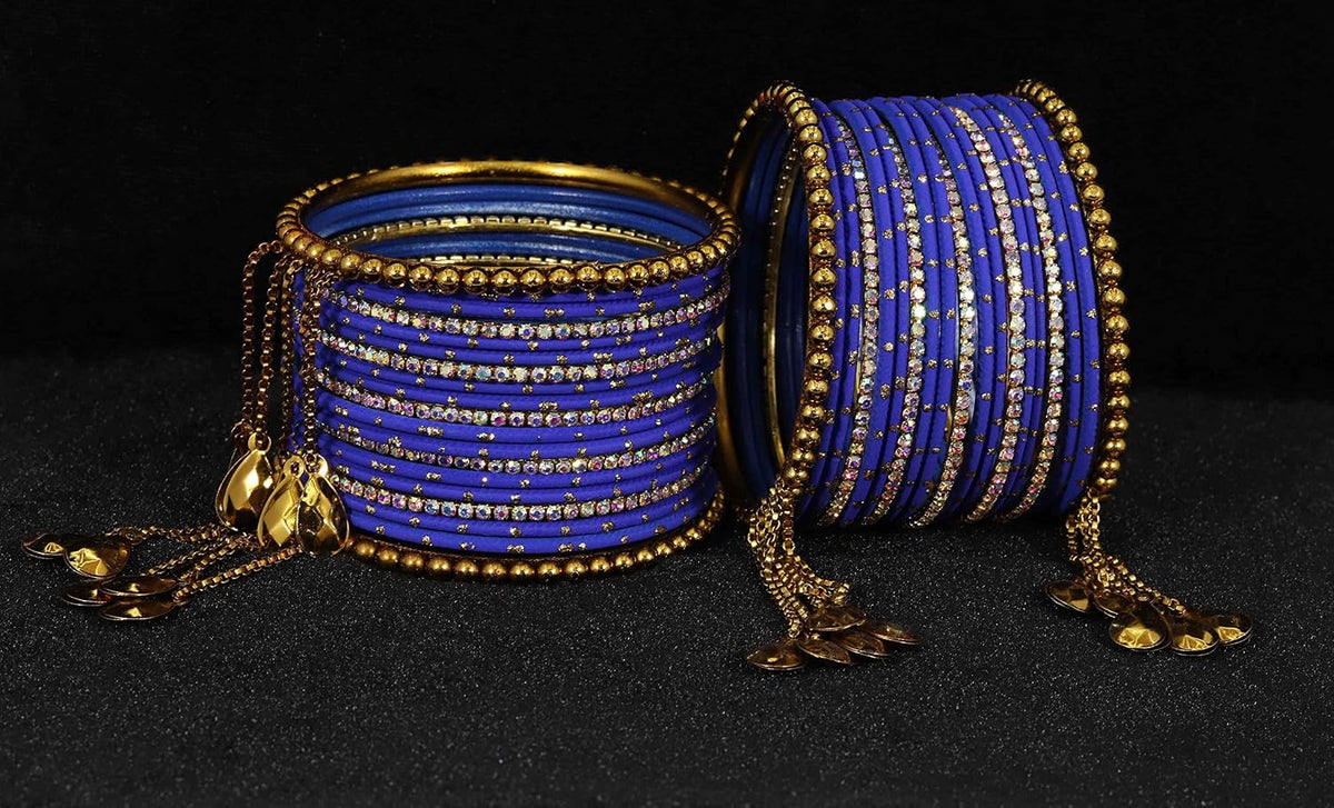 NMII Non-Precious Metal with Base Metal Zari Dotted and Rainbow Zircon Gemstone Studded Glossy Finished Kaleere Type Latkan Bangle set for Women and Girls