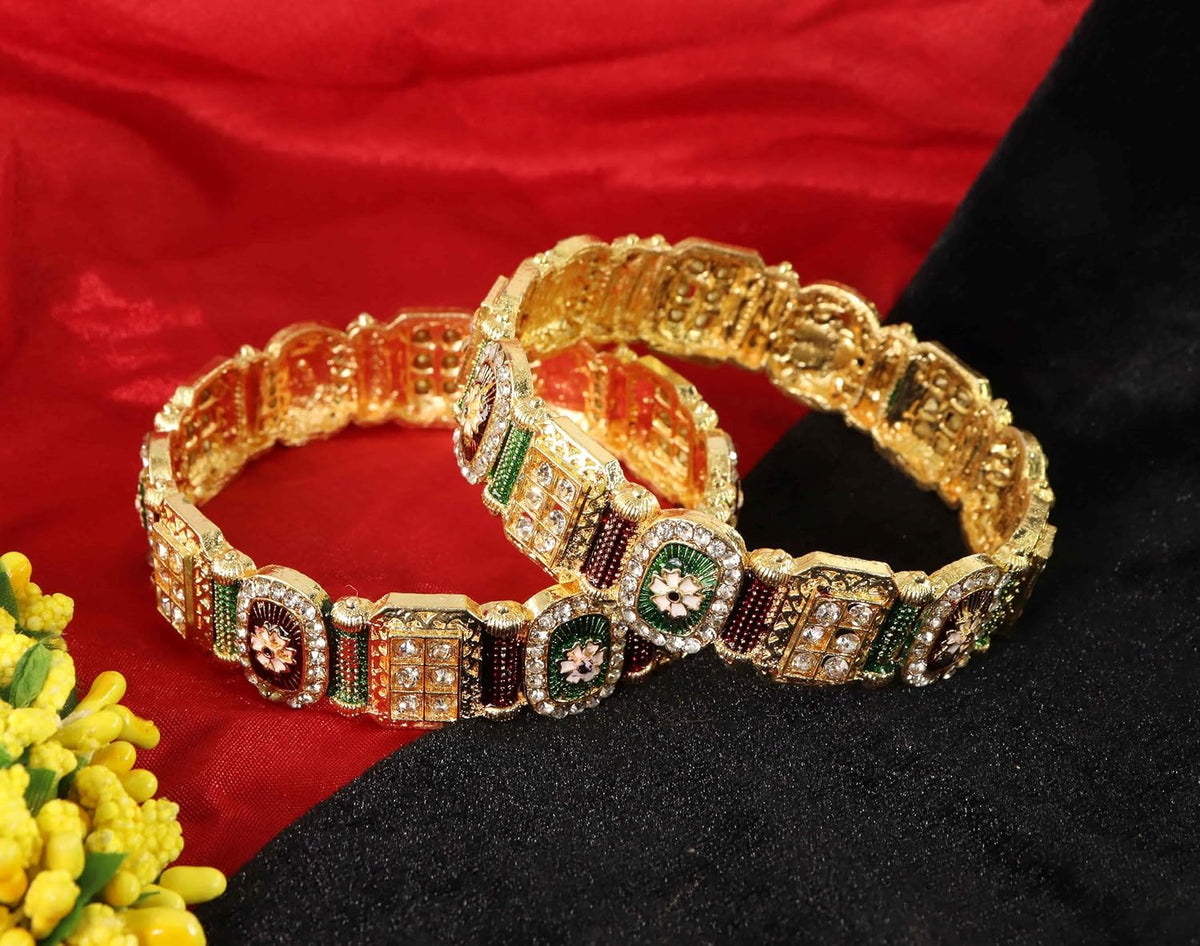 NMII Royal Golden Metal Bangles Set For Women & Girls with Zircon Diamond Stone | Traditional Gold Plated Kangan Set | Fancy Women's Fashion Jewellery Bangles | Wedding, Party, Festive- Set of 2