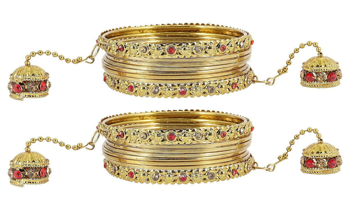 NMII Traditional Metal Bangles Set For Women & Girls with Zircon Gemstone & Latkan | Stylish Oxidised Look Gold Plated Bangles | Women's Fashion Jewellery