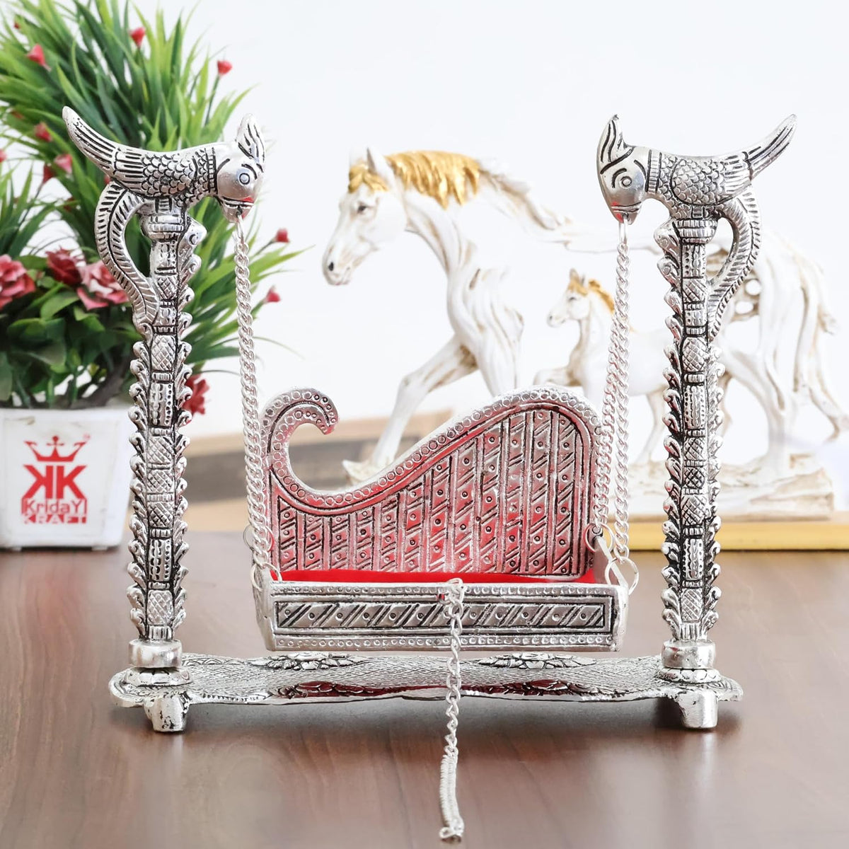 KridayKraft Metal Swing Laddu Gopal Jhula,Krishna Hindola Palana,Decorative Laddu Gopal for Temple Pooja,Showpiece Figurines,Religious Idol Gift Article.