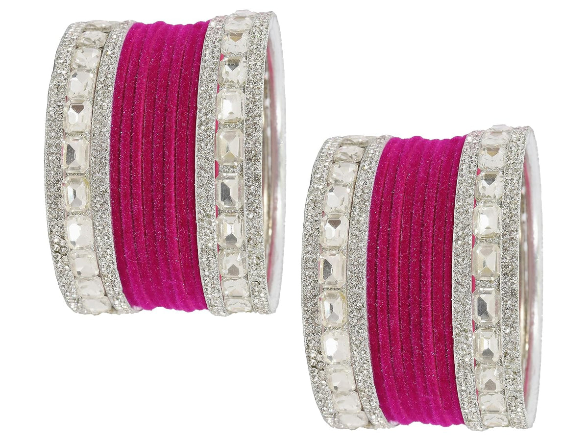 NMII Metal Bangles Set For Women and Girls Studded With Zircon Gemstone and Velvet Bangles I Chuda Bangles I Stylish Bangles Bracelet Set I Metal Bangles (Pack of 28)