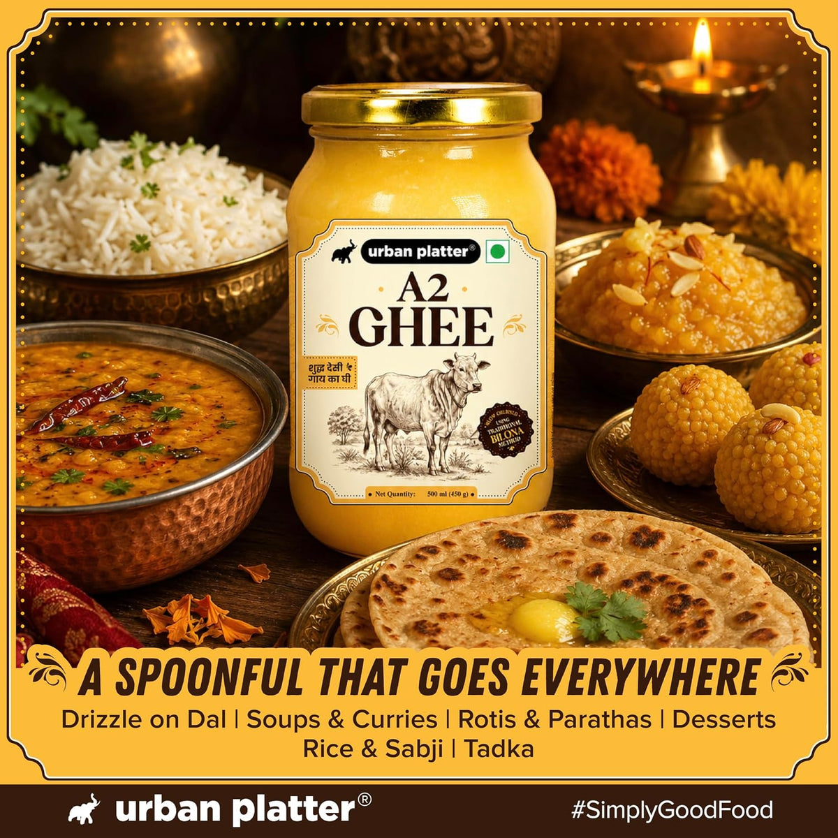 Urban Platter A2 Bilona Cow Ghee, 500ml (Traditional Curd-Churned Desi Ghee | Made from A2 Cow Milk | Pure Ghee for Cooking, Tadka & Daily Meals)
