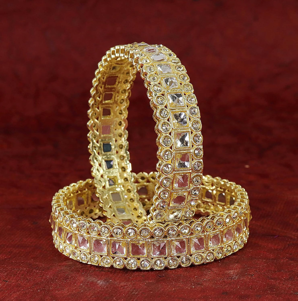 NMII Golden Metal Bangles Set with Sparkling Zircon Diamond & Kundan Mirror For Women & Girls | Traditional Girl's Bangles | Fancy Women's Kangan | Metal Kada For Women Wedding, Function- Set of 2