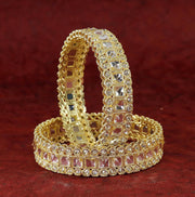 NMII Golden Metal Bangles Set with Sparkling Zircon Diamond & Kundan Mirror For Women & Girls | Traditional Girl's Bangles | Fancy Women's Kangan | Metal Kada For Women Wedding, Function- Set of 2