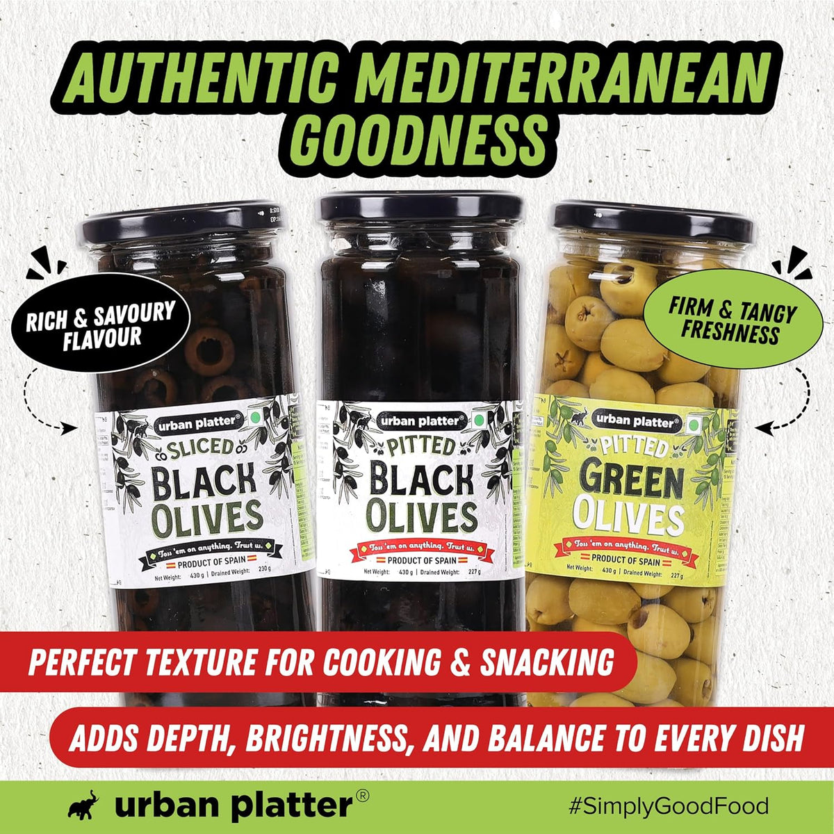 Urban Platter Pitted Green Spanish Olives, 430g (Whole & Seedless | Crisp & Tangy Mediterranean Flavour | Great for Salads, Mezze, Sandwiches & Snacking)