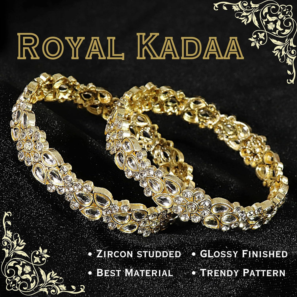 NMII Gold Plated Metal Kundan Stone & American Diamond Bangles For Women & Girls | Traditional Kada For Women | Fancy Rajwada Bangles | Bangles For Wedding, Party, Occasion- Set of 2