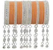 NMII Metal With Zircon Gemstone and Bells Latkan Linked Velvet Bangles For Women and Girls