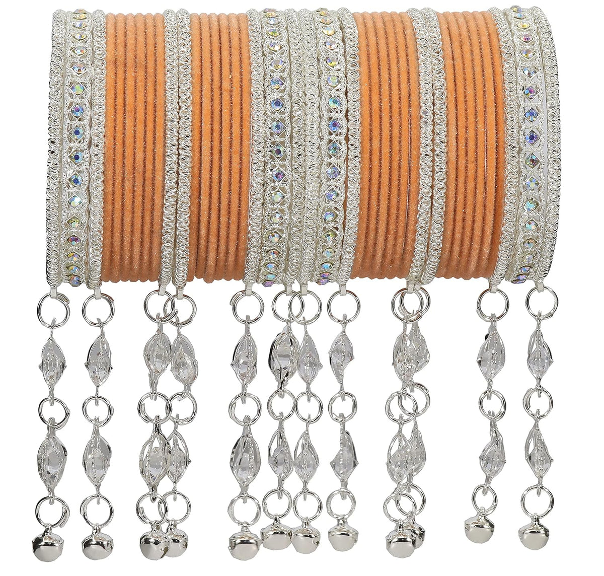 NMII Metal With Zircon Gemstone and Bells Latkan Linked Velvet Bangles For Women and Girls