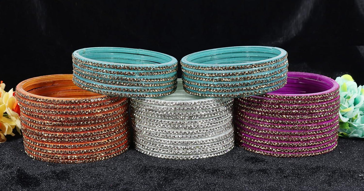 NMII Glass with Zircon Gemstone and Beads Studdded Glossy Finished Traditional Bangle Set For Women and Girls