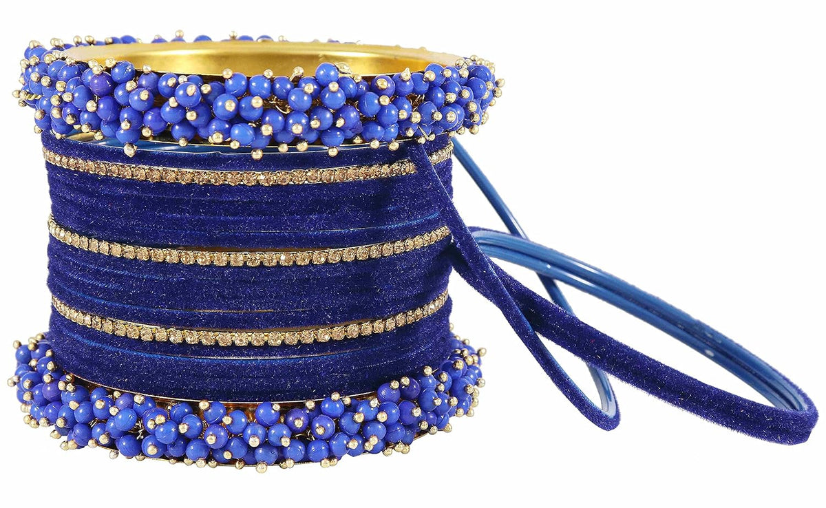 NMII Stylish Metal with Golden Zircon Stone & Pearls Studded Velvet Gajra Bangles Set For Women and Girls | Designer Women's Bangles | Chuda Set | Gajra Bangles | Fashion Jewellery