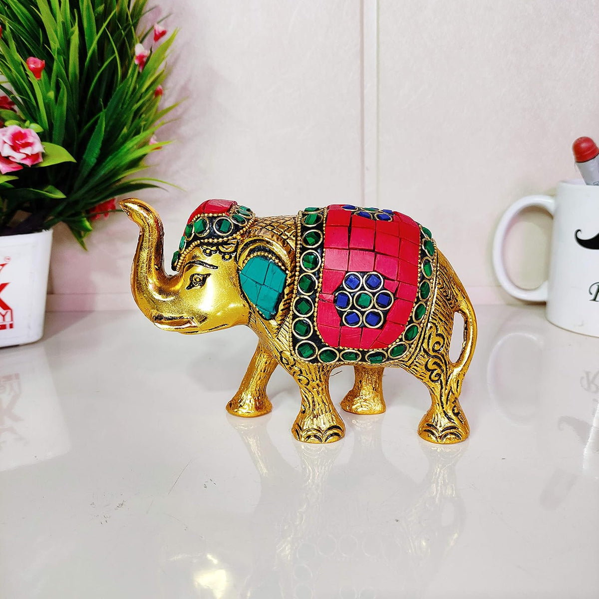 KridayKraft Metal Elephant Small Size with Stone Work for Showpiece Enhance Your Home, Office and Table - Multicolour