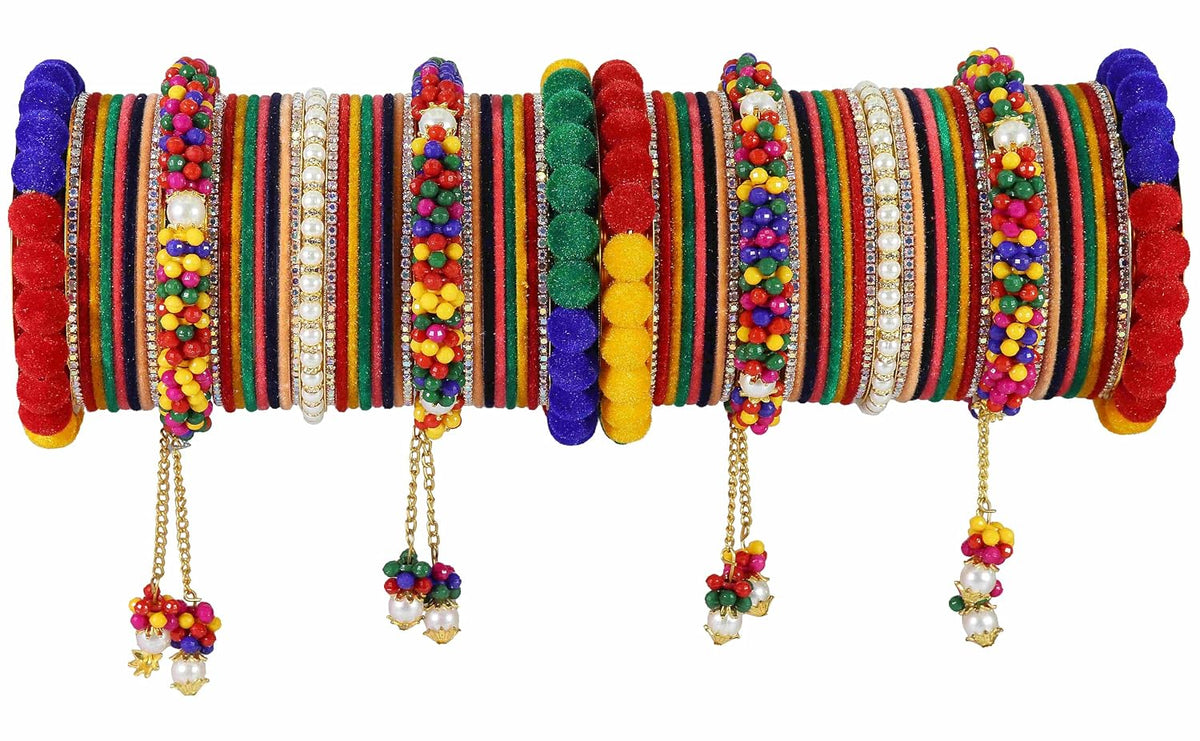 NMII Velvet Metal Bangles Pearls Moti Latkan Chuda Set For Bridal Women & Girls with American Diamond Stone | Beautiful Chuda Set | Bangles For Women | Premium Chura Set For Women- Set of 74