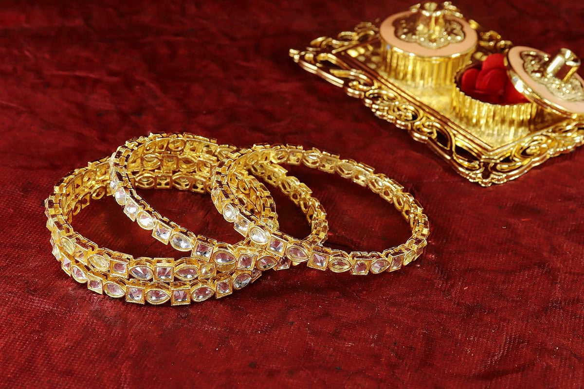 NMII Gold Plated Metal Zircon Diamond & Kundan Stone Bangles For Women & Girls | Traditional Girl's Bangles Bracelet | Premium Women's Bangles Fashion Jewellery | Wedding, Party, Festive- Set of 4