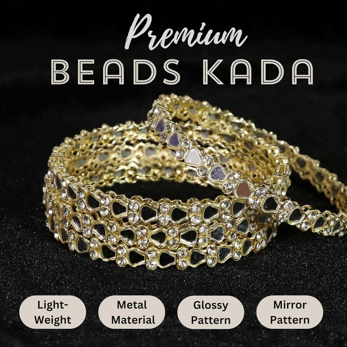 NMII Golden Metal with American Diamond & Mirror Work Bangles Set For Women & Girls | Kundan Mirror Bangles | Gold Plated Bangles | Women's Bangles Bracelet | Diamond Fashion Jewellery-Set of 4