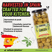 Urban Platter Pitted Green Spanish Olives, 430g (Whole & Seedless | Crisp & Tangy Mediterranean Flavour | Great for Salads, Mezze, Sandwiches & Snacking)