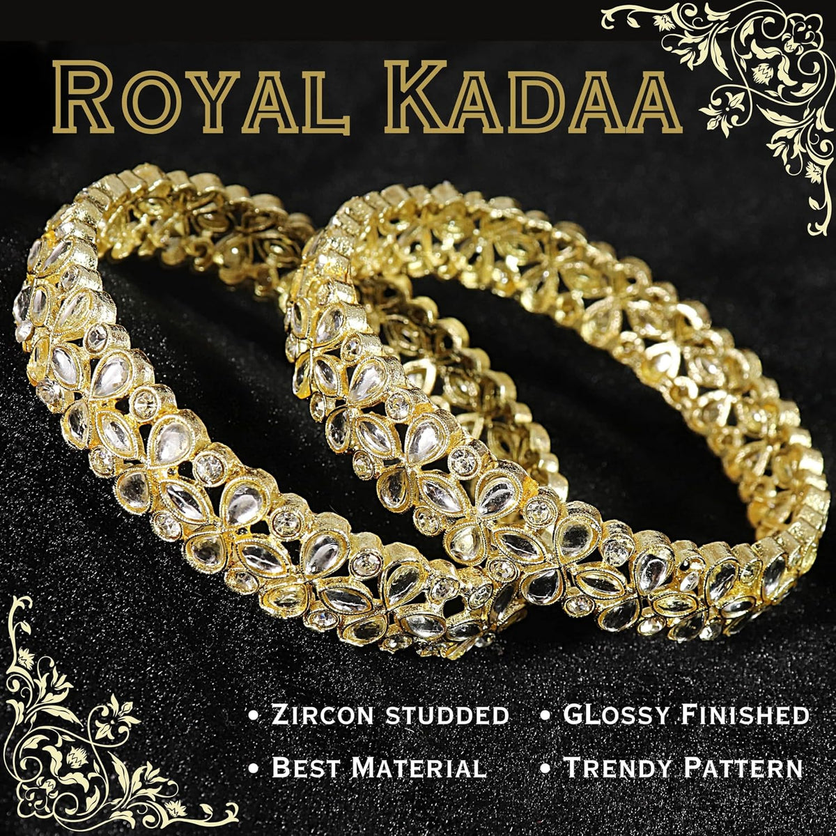 NMII Traditional Gold Plated Brass Metal with American Diamond & Kundan Stone Work Bangles Set For Women & Girls | Kada For Women Stylish | Bangles For Wedding, Party, Occasion Wear- Set of 2