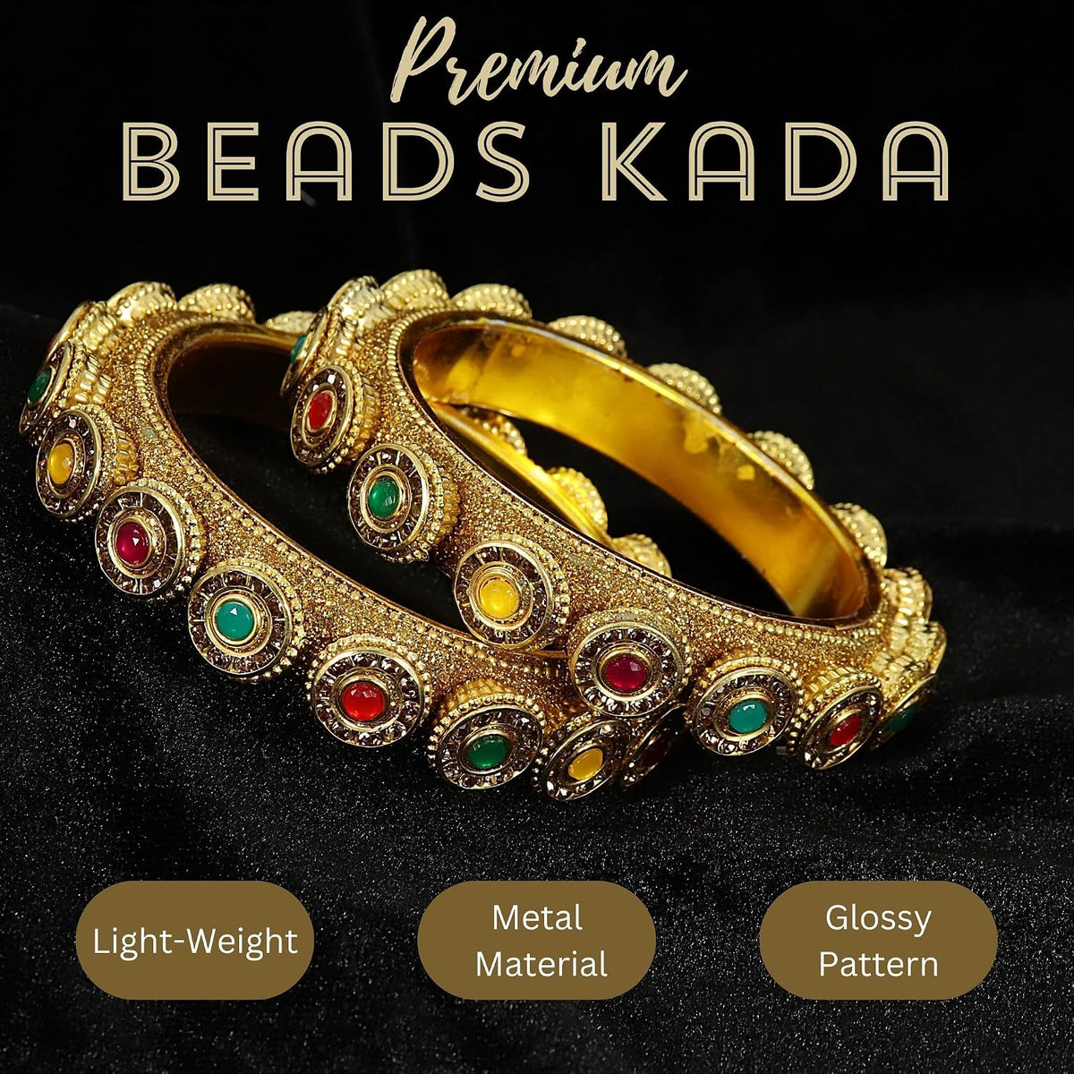 NMII Metal with Golden Zircon Stone & Beads Work Traditional Rajwadi Style Kada Bangles Set For Women & Girls | Gold Plated Bangles | Stylish Kangan | Bangles Set Wedding, Party, Occasion- Set of 2