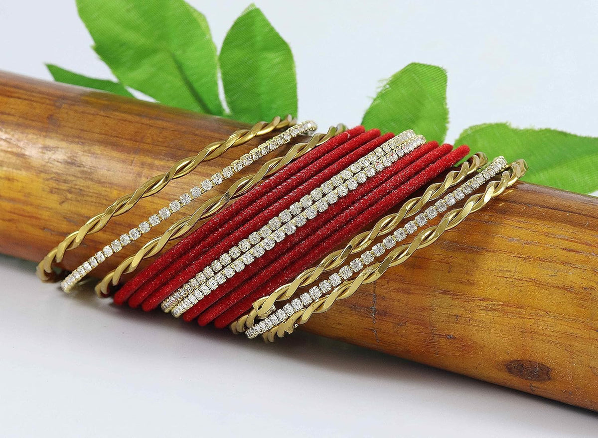 NMII Traditional Gold Plated Metal Bangles Set For Women & Girls with Zircon Gemstone and Velvet Studded | Women's Fashion Jewelry | Indian Bangles | Golden Chudi Set-Pack of 56
