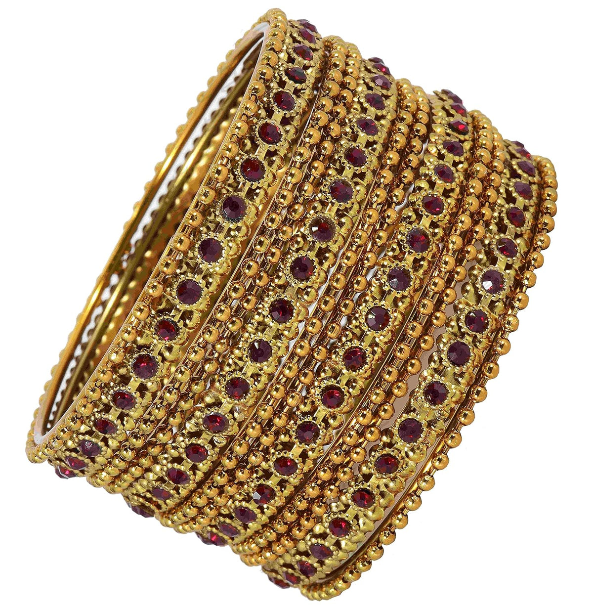 NMII Non-Precious Metal with Base Metal Zircon Gemstone Studded Glossy Finished Linked with Ballchain Gold Plated Premium Bangle set for Women and Girls