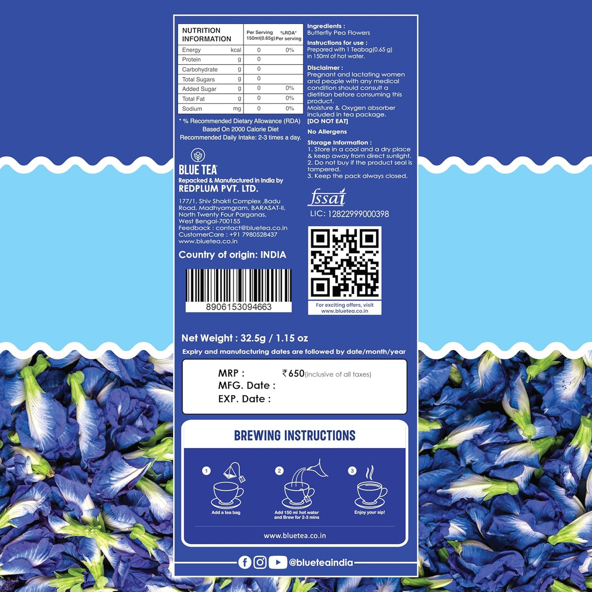 BLUE TEA - Butterfly Pea Flower Tea - 25 Tea Bags (Pack of 2) Plant Based | Weight Management | Antioxidant Rich | Shankhpushpi | Caffeine Free - Flower Based | Single Tear Box | Easy Pull Sachets