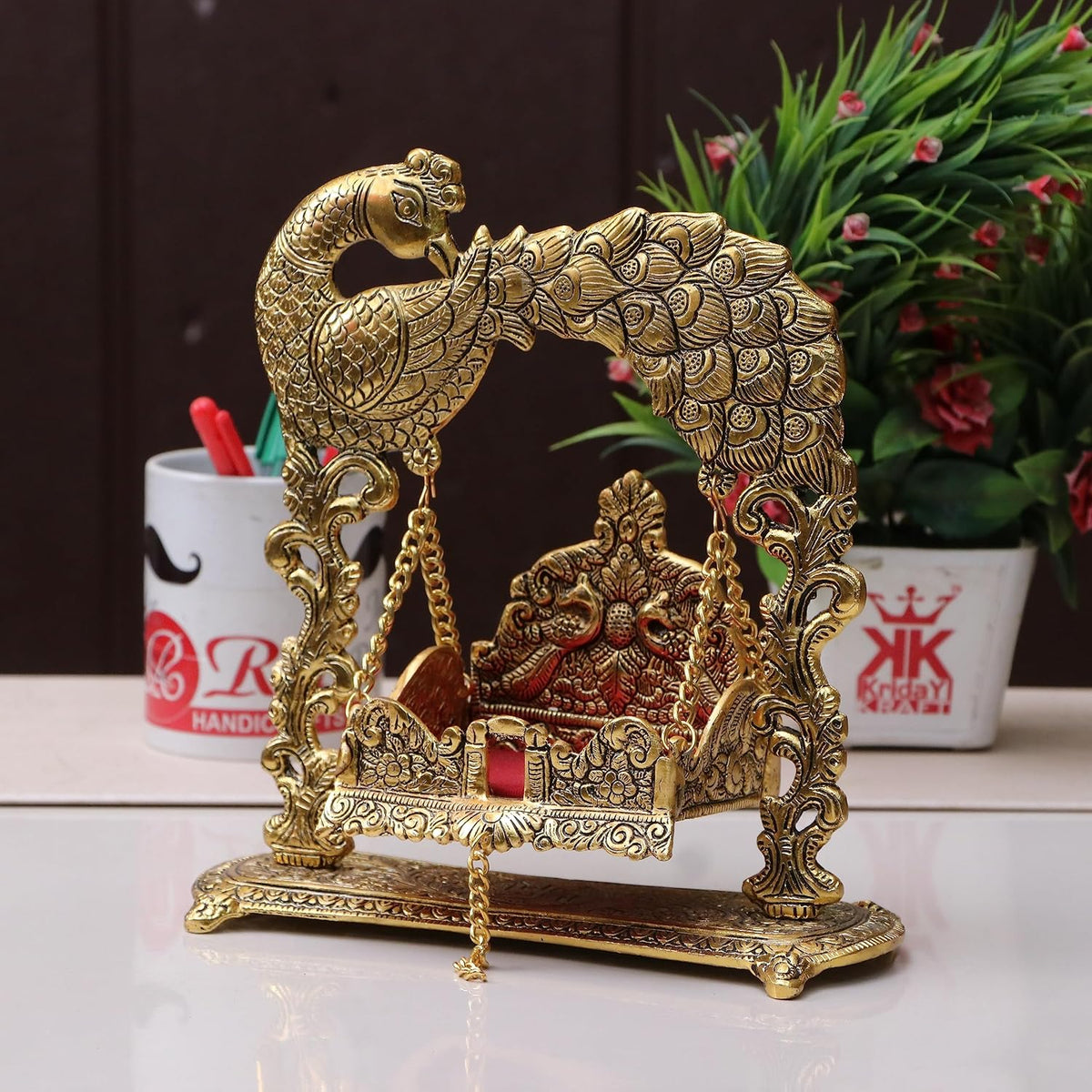 KridayKraft Metal Laddu Gopal Jhulla for Janmastmi Festive Gold Plated Decor Your Home Metal Palna for Krishna ji, Temple Office,Gift Article.