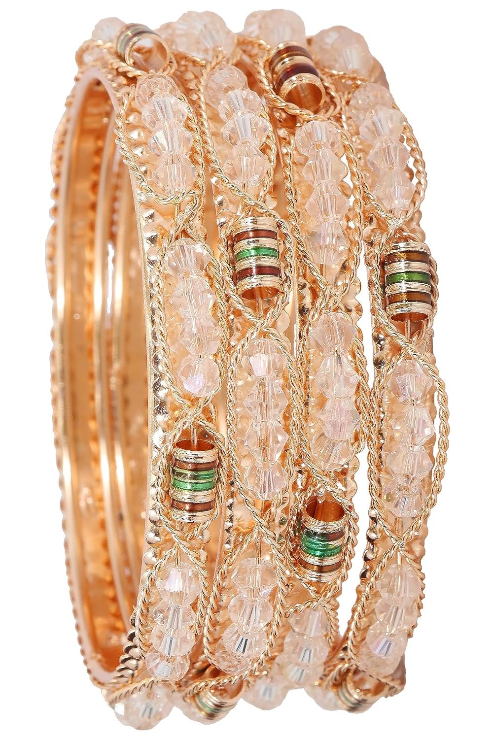 NMII Alloy Metal Golden Bangles Set For Girls & Women Studded Pearls, Beads and Chain | Stylish Bangles Set | Fancy Bangles Jewellery | Women's Bangle | (Pack of 4)