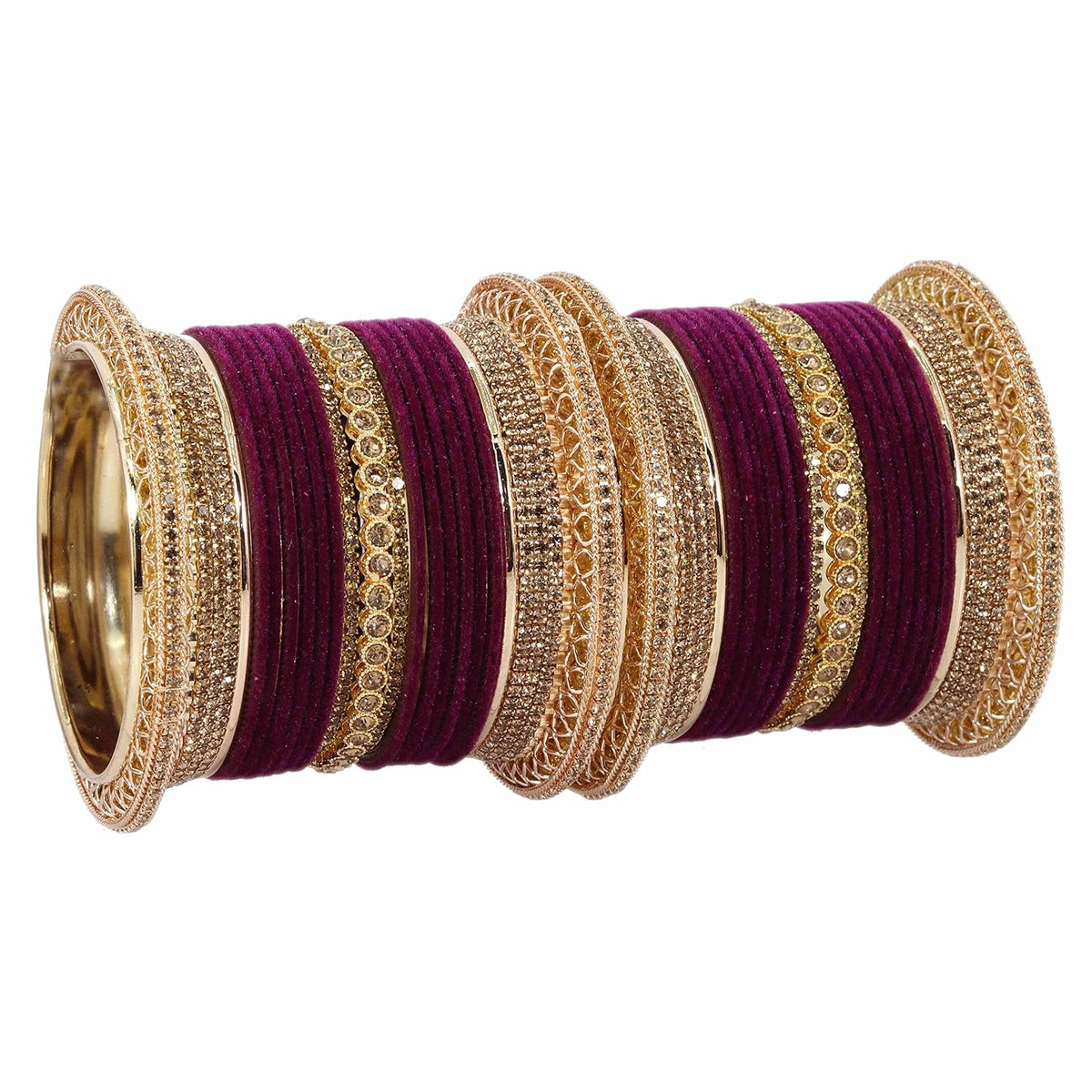 NMII Non-Precious Metal with Base Metal and Studded with Zircon Gemstone Glossy Finished Traditional Velvet Bangle Chuda set for Women and Girls