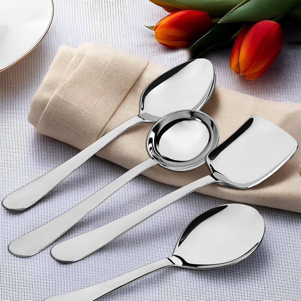 Parage 4 Pieces Stainless Steel Serving Spoons Set for Dining Table/Kitchen, 1.8 mm Heavy Gauge (1 Soup Ladle (Karchi), 1 Solid Spoon (Chamcha), 2 Rice/Serving Spoons), Silver (Pack of 4)