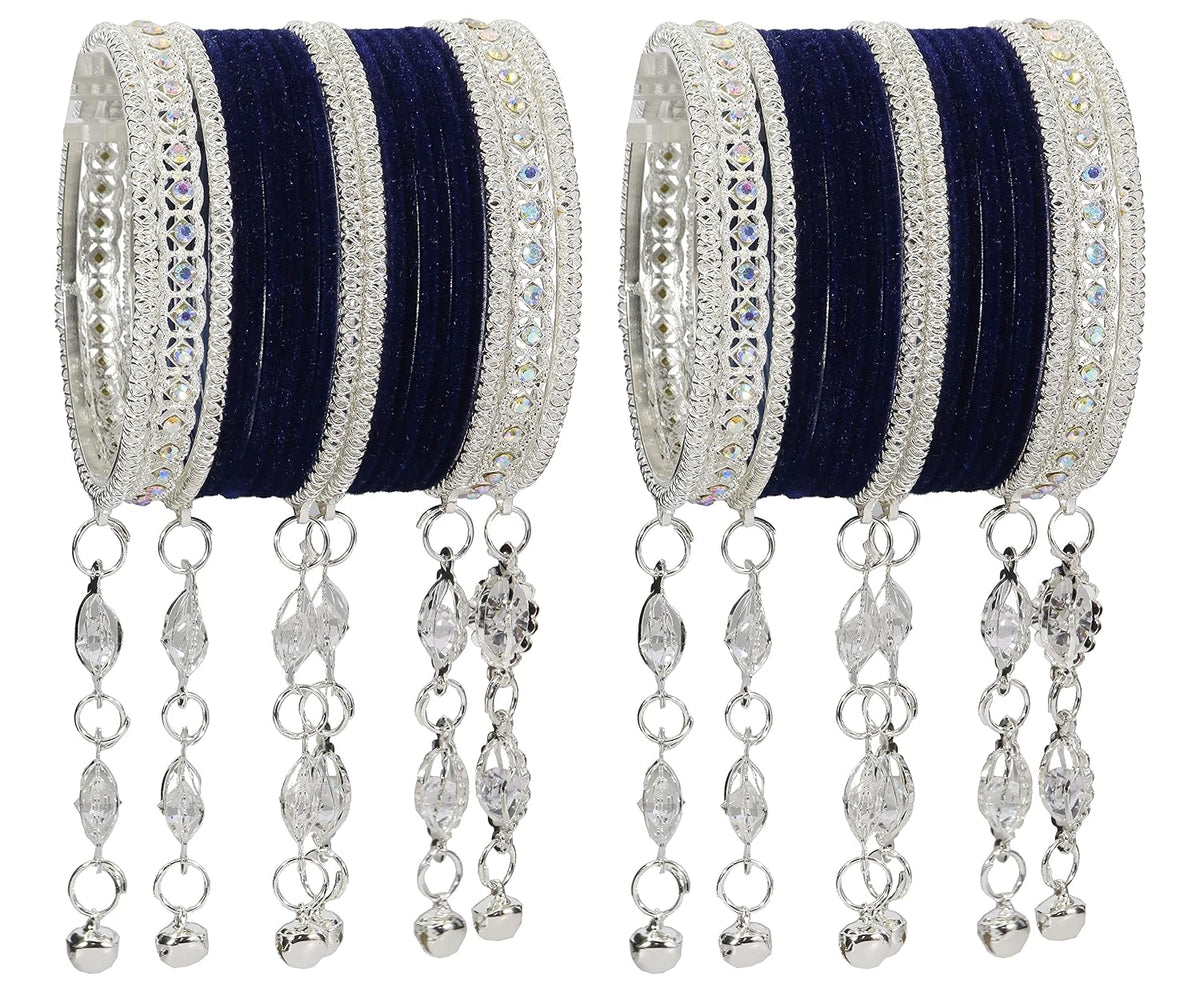 NMII Metal With Zircon Gemstone and Bells Latkan Linked Velvet Bangles For Women and Girls