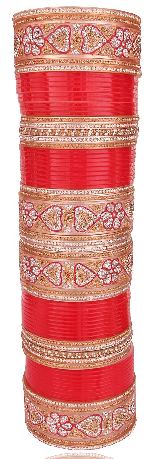 NMII Traditional Acrylic Bangles Red Chuda Set For Bridal Women & Girls with Zircon Gemstone & Beads | Wedding Chuda For Women Latest | Red Bangles Chooda | Diamond Chuda Set Party, Festive