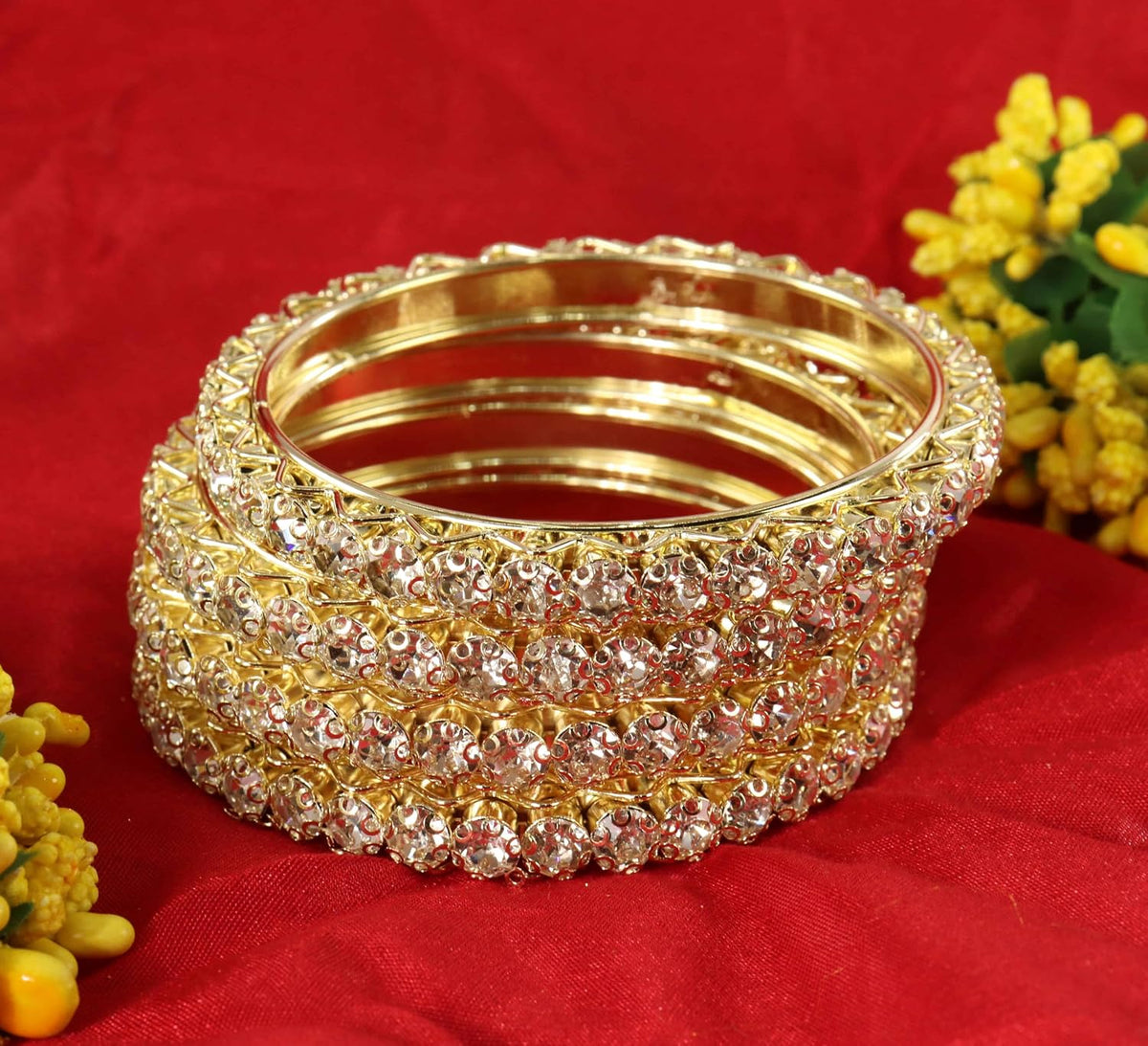 NMII Premium Alloy Metal Kada Set with Shiny Diamond Stone For Women & Girls | Fancy Latest Women's Kangan Stylish | Beautiful Girl's Bangles For Wedding, Party, Daily, Gift - Set Of 4