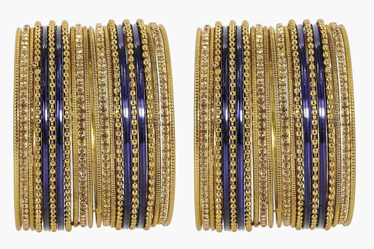 NMII Non-Precious Metal with Base Metal Zircon Gemstone Studded Glossy Finished Ballchain Linked Gold Plated Cutting Pattern Bangle set for Women and Girls