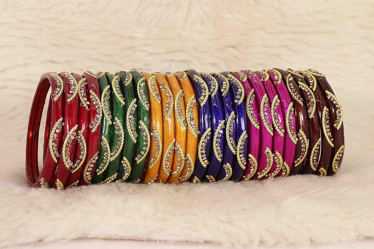 NMII Stylish MultiColour Glass Kada Set For Women & Girls with Golden Zircon Stone & Beads | Bangles For Women Glass | Kada For Women | Colourful Bangles for Women | Glass Bangles Combo- Set of 24