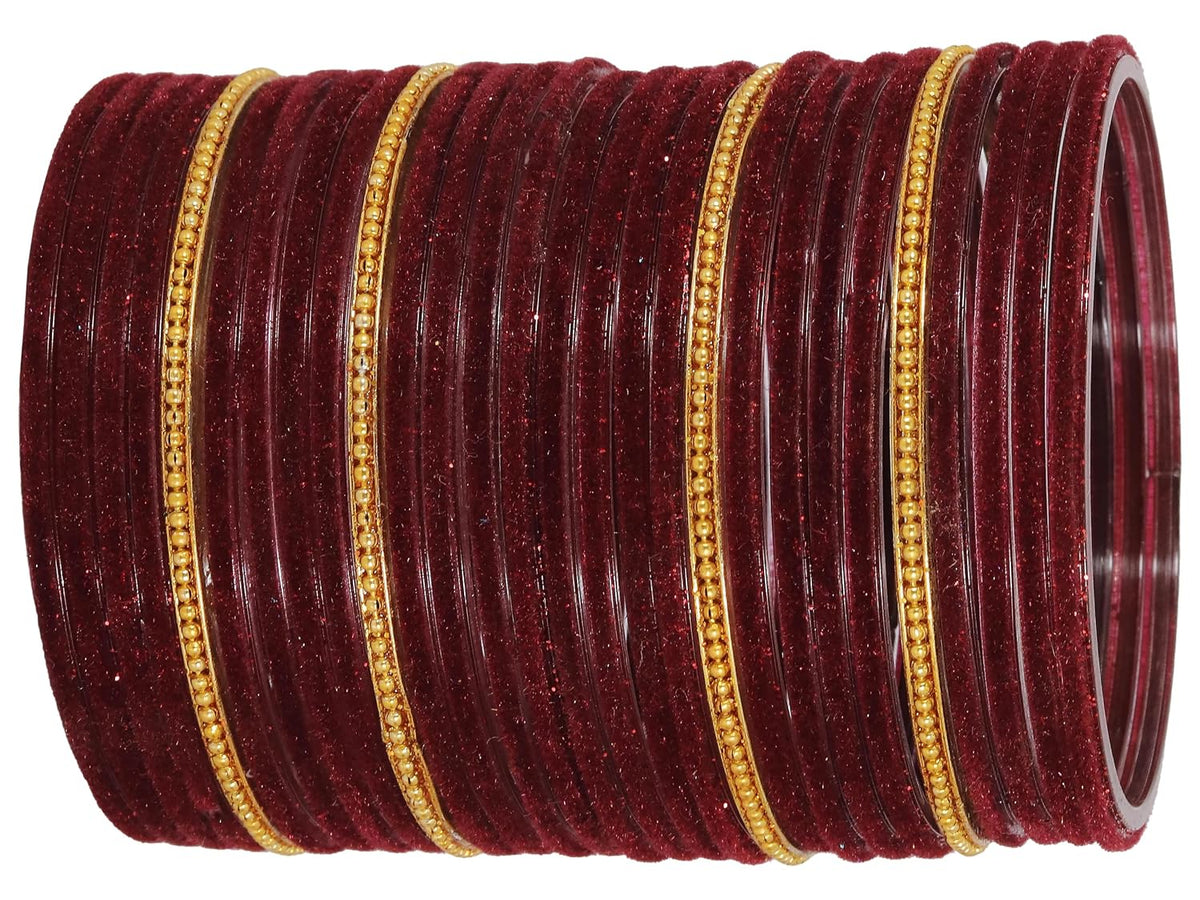 NMII Glass Bangles For Women and Girls with Velvet and Golden Ballchain Linked | Plain Glass Bangles | Velvet Chudi Set | Bangles For Women Latest | Stylish Glass Chudi Bangles- Set of 28
