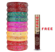 NMII Glass with Glitter and Feather Design Glossy Finished Multicolor Kada Set For Girls and Women- (Football-A21-MR2-2.2), Pack of 10 Multicolor Kada