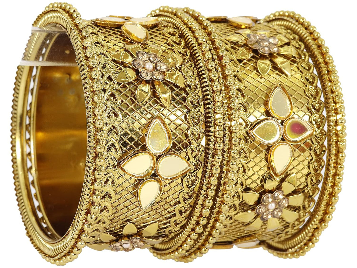 NMII Non-Precious Metal Studded with Mirror or Zircon Gemstone and Linked with Ball Chain Glossy Finished Heart Shaped Kada Bangle Set For Women and Girls